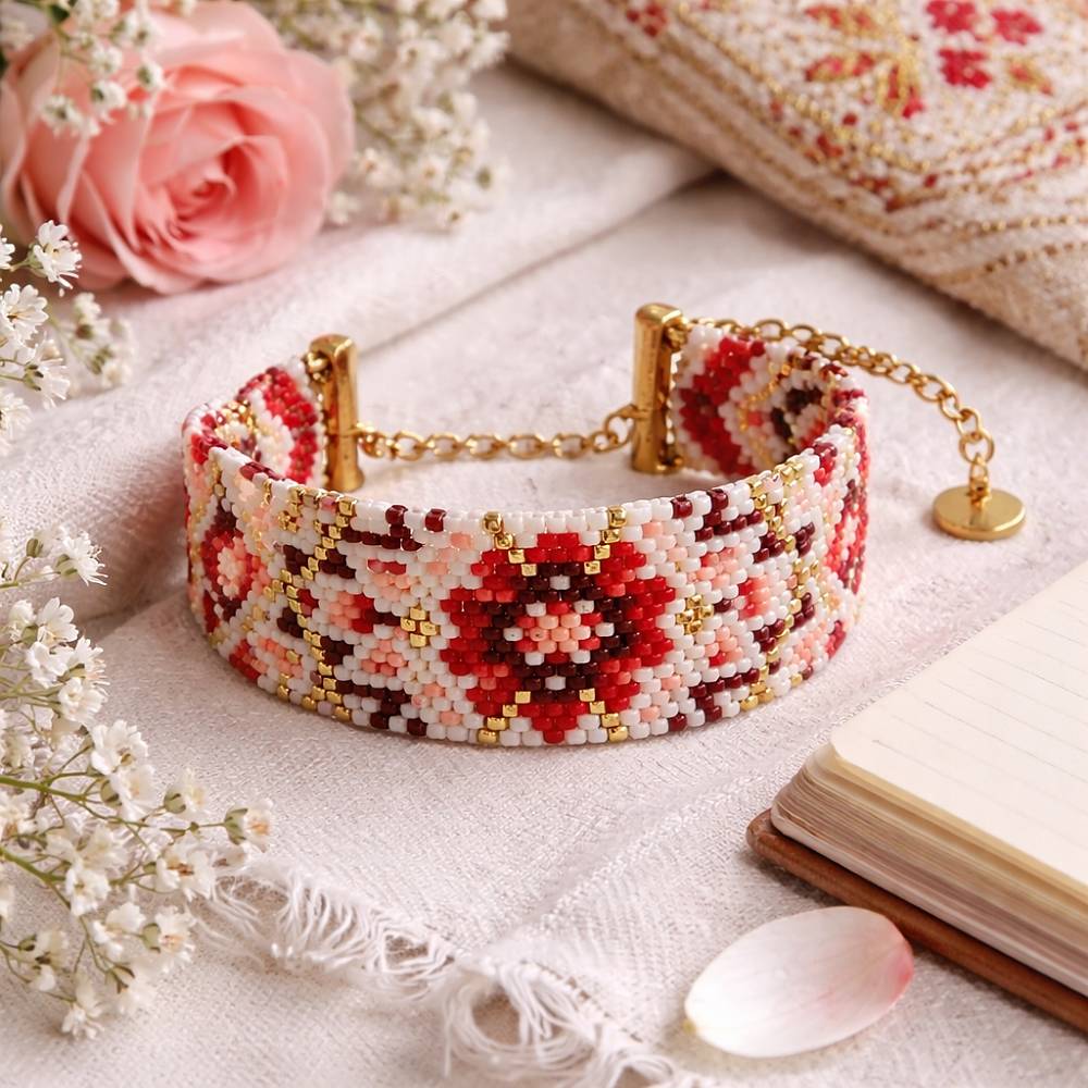 دستبند منجوق‌بافت تک آرینا با منجوق میوکی در چیدمان هنری و سبک بوهو