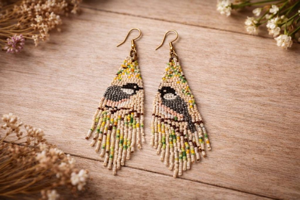 گوشواره منجوق‌بافت دست‌دوز با طراحی هنری و سنتی