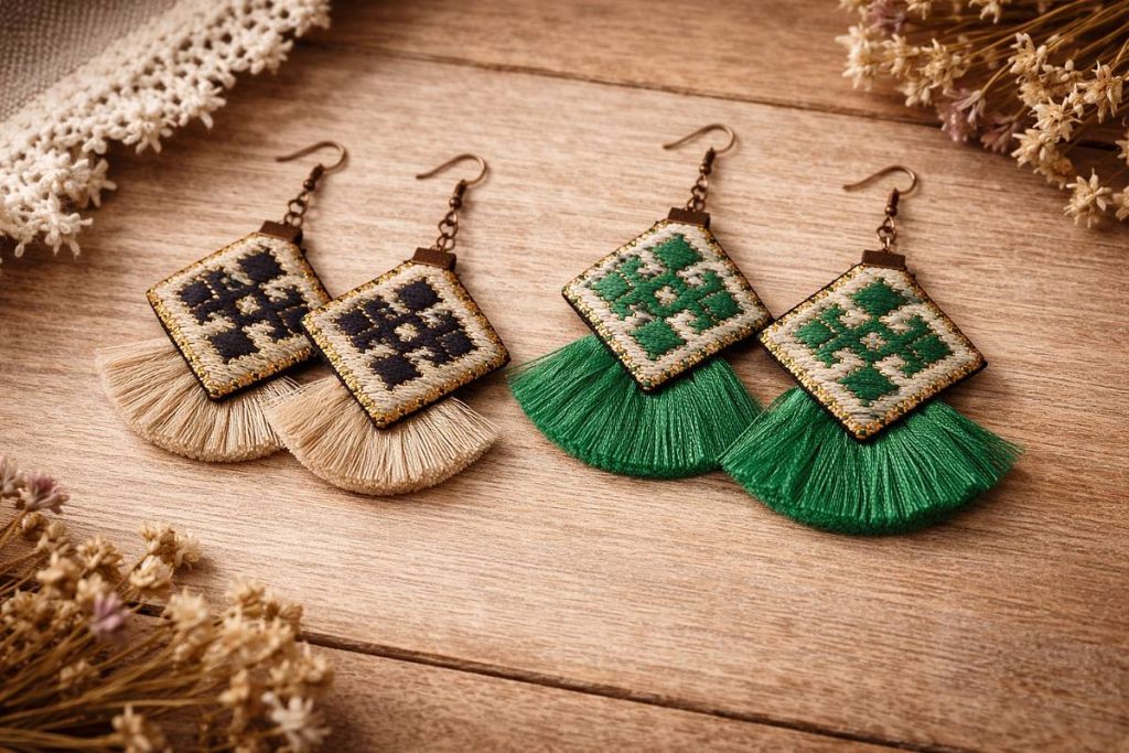 گوشواره سوزن دوزی شده با طرح سنتی ایرانی