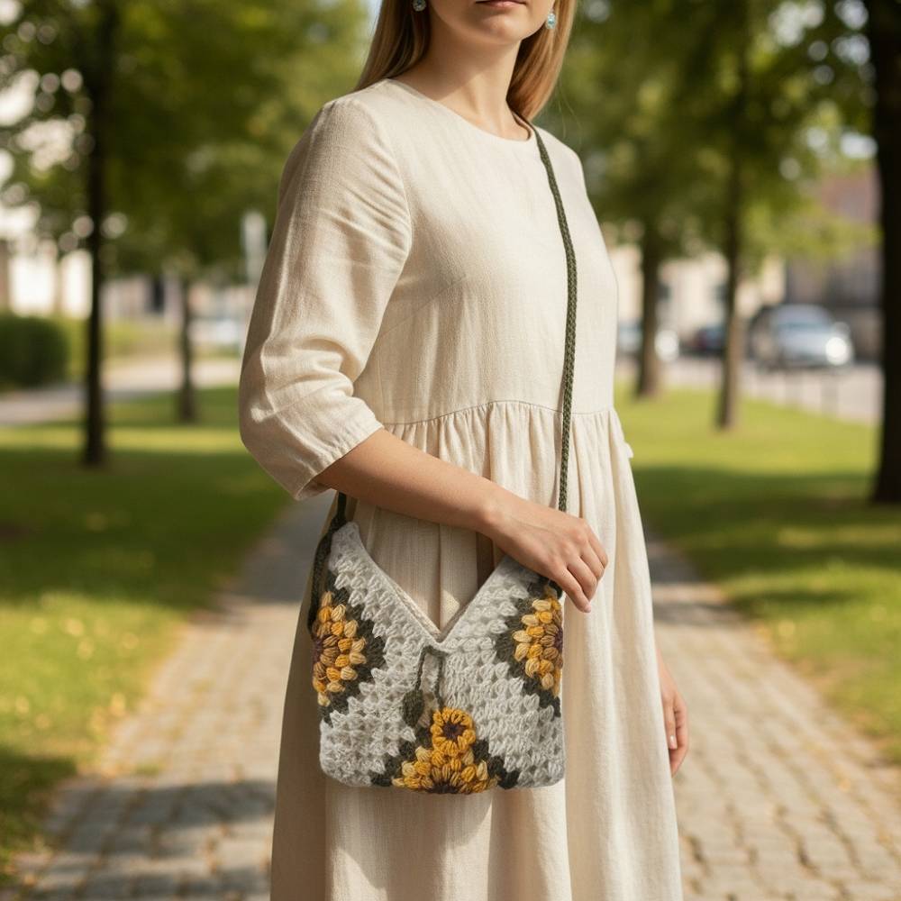 کیف بافتنی دست‌باف زنانه طرح گل آفتابگردان روی مدل از برند تک‌آرینا