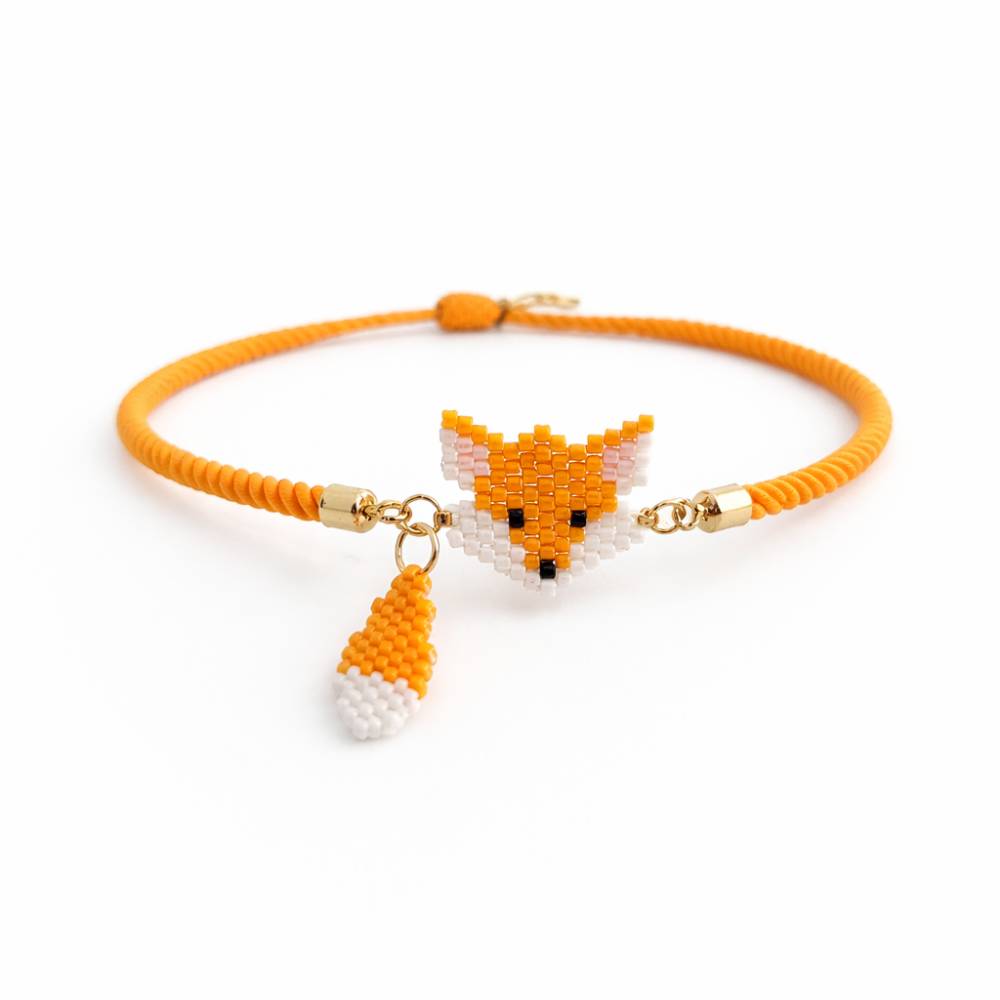 دستبند فانتزی دخترانه طرح روباه منجوقی نارنجی با قفل کشویی