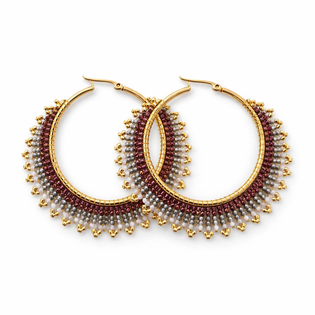 گوشواره حلقه‌ای منجوق بافت مدل ملکه با منجوق میوکی اصل و حلقه استیل رنگ ثابت دست‌ساز برند تک آرینا